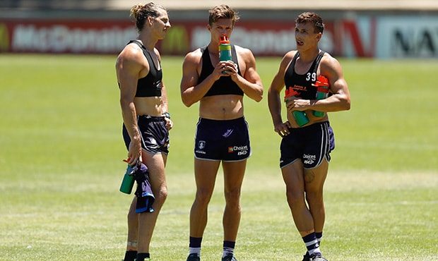 AFL 2017 Training - Fremantle 160117 PERTH, AUSTRALIA - JANUARY 16: (L-R) Nat Fyfe, Darcy Tucker and Josh Deluca of the Dockers chat during the Fremantle Dockers training session at Fremantle Oval on January 16, 2017 in Perth, Australia. (Photo by Michael Willson/AFL Media)